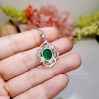 Flower of Life Emerald Necklace Large - Sterling Silver 4 CT Green May Birthstone - Emerald Pendant White Gold Coated #632