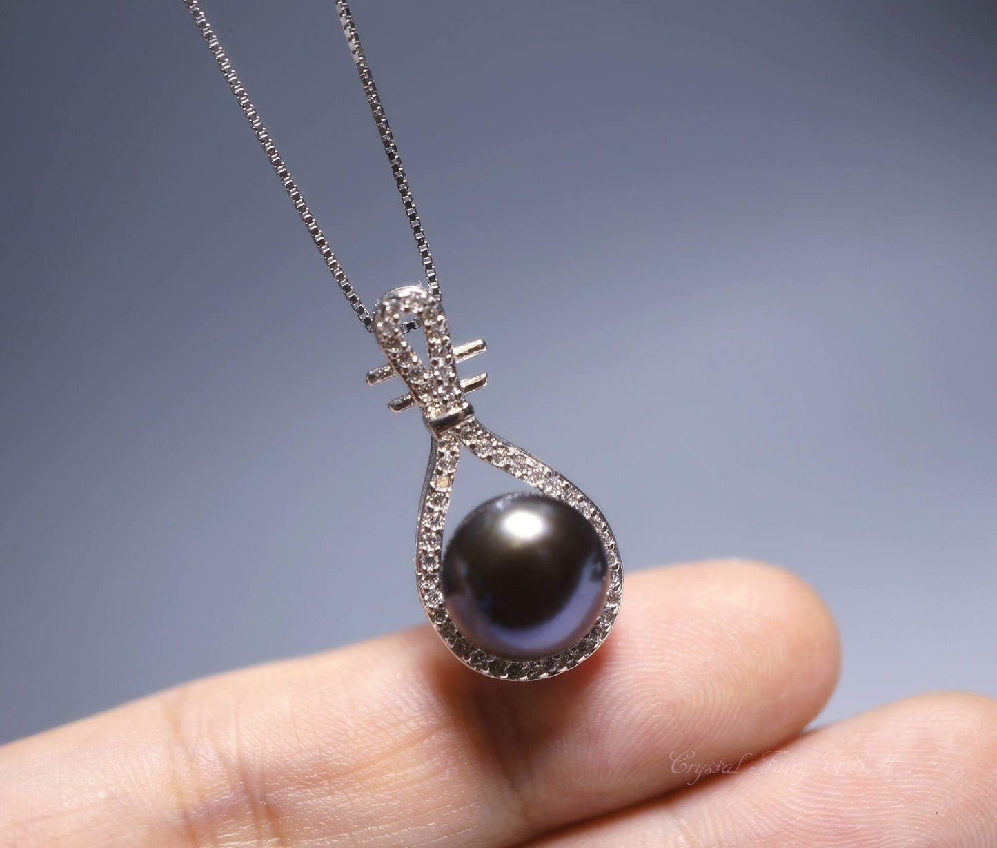 Large Genuine Pearl Necklace, Bridal Wedding High Quality 925 Sterling Silver Black Pearl Jewelry, Lute Musical Instrument Pendant 1085