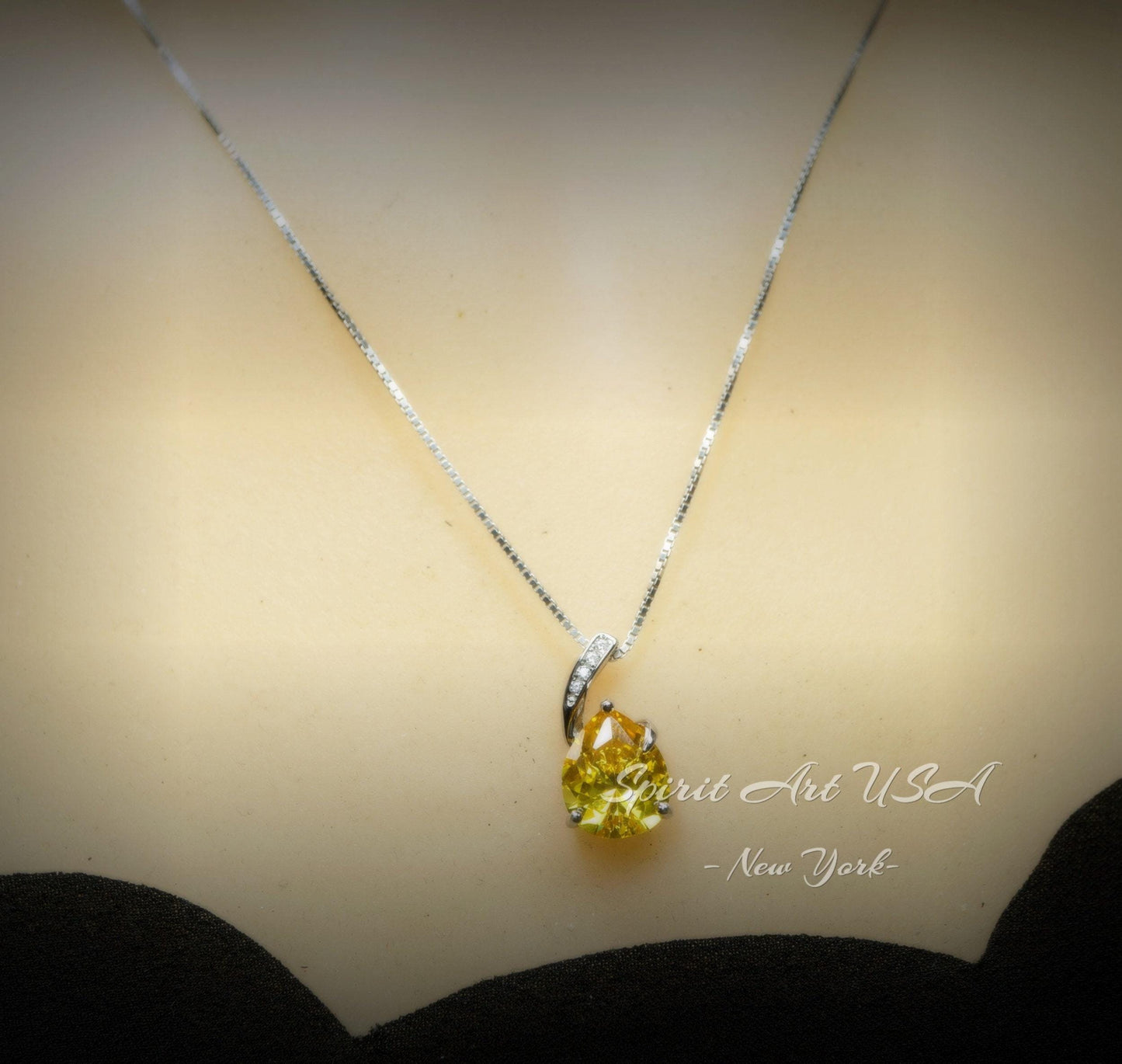 Yellow Moissanite Gemstone Necklace - Solitaire Teardrop Cut - 18KGP @ Sterling Silver - Lab Created Citrine November Birthstone #585