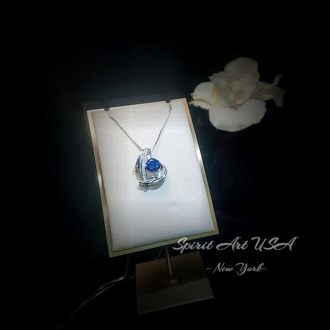 Protective Angel Wing Blue Sapphire Necklace - Sterling Silver White Gold Coated - 2CT Round Cut Blue Sapphire Angel Wing Jewelry #883