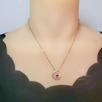 Pink Tourmaline Moon Crescent Necklace - One Necklace Two Wears - White Gold Sterling Silver - Gemstone Moon Necklace #230