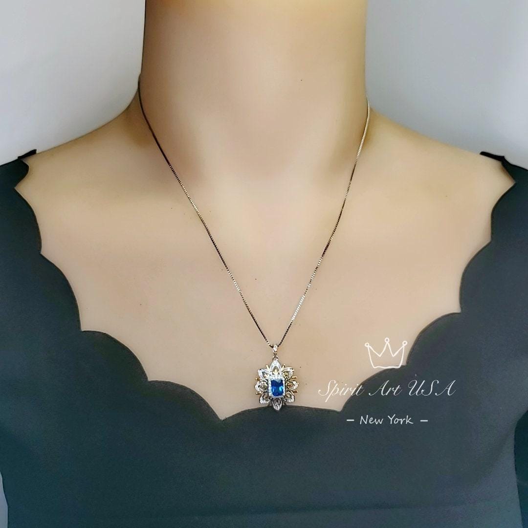 Spirit Flower Blue Sapphire Necklace - Sterling Silver - Rectangle Sapphire Pendant - September Birthstone Goddess Athena Necklace #673