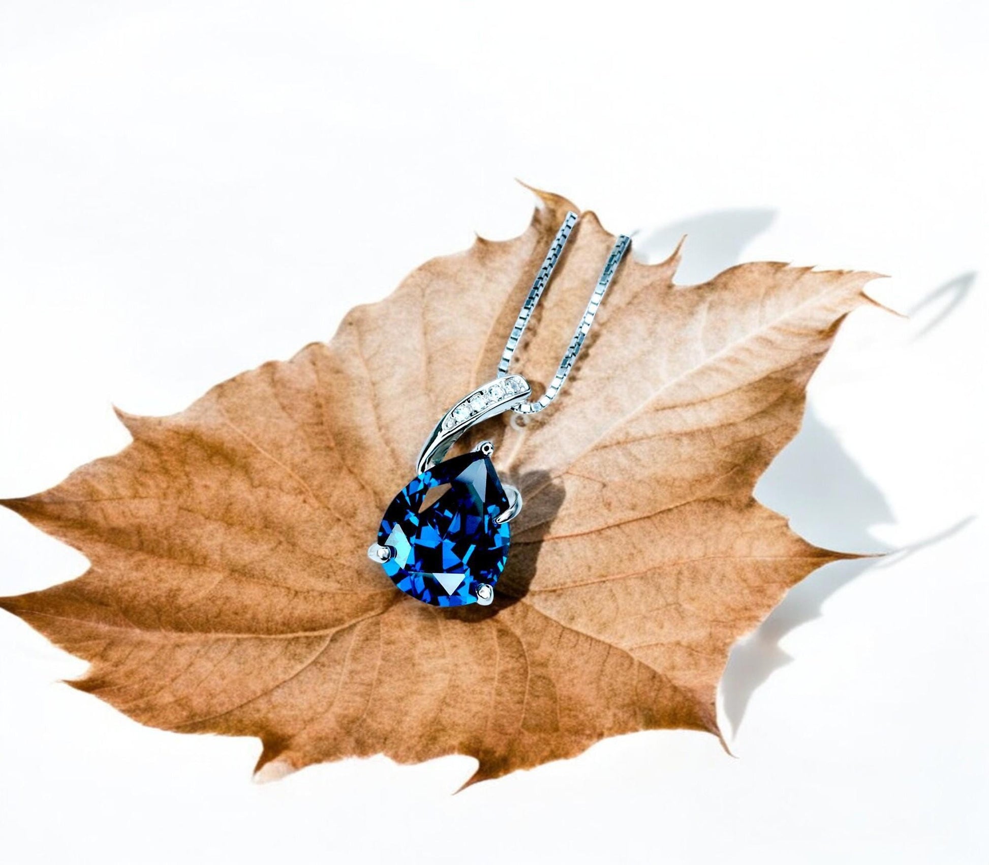 Teardrop Blue Sapphire Necklace - Solitaire Pear Cut 3.5CT - 18KGP @ Sterling Silver - Simple Large Blue Sapphire Pendant #687