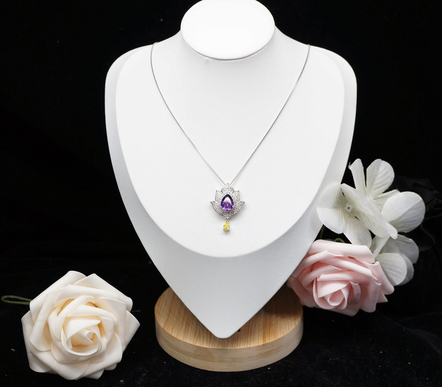 Amethyst Necklace - Lotus Flower Pendant - 18kGP @ Sterling Silver Teardrop Halo Genuine Amethyst Pendant February Birthstone #924