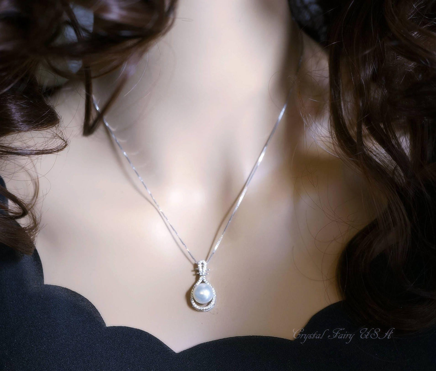 Large Genuine Pearl Necklace, Bridal Wedding High Quality 925 Sterling Silver Black Pearl Jewelry, Lute Musical Instrument Pendant 1085