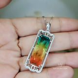 Multi-Color Rainbow Tourmaline Necklace - Sterling Silver Long Diamond Rectangle Watermelon Rainbow Tourmaline Pendant Jewelry Sterling 1078