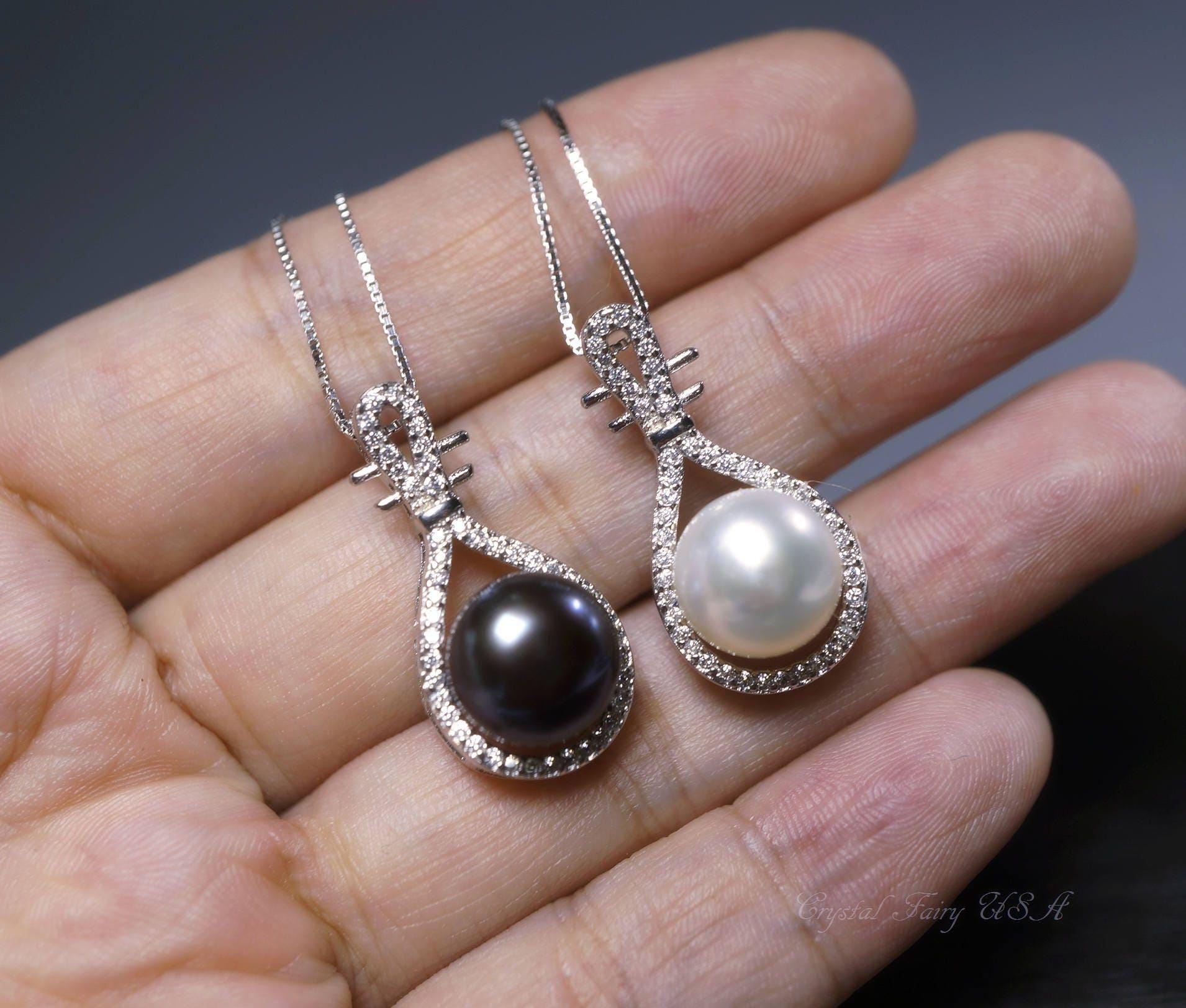 Large Genuine Pearl Necklace, Bridal Wedding High Quality 925 Sterling Silver Black Pearl Jewelry, Lute Musical Instrument Pendant 1085