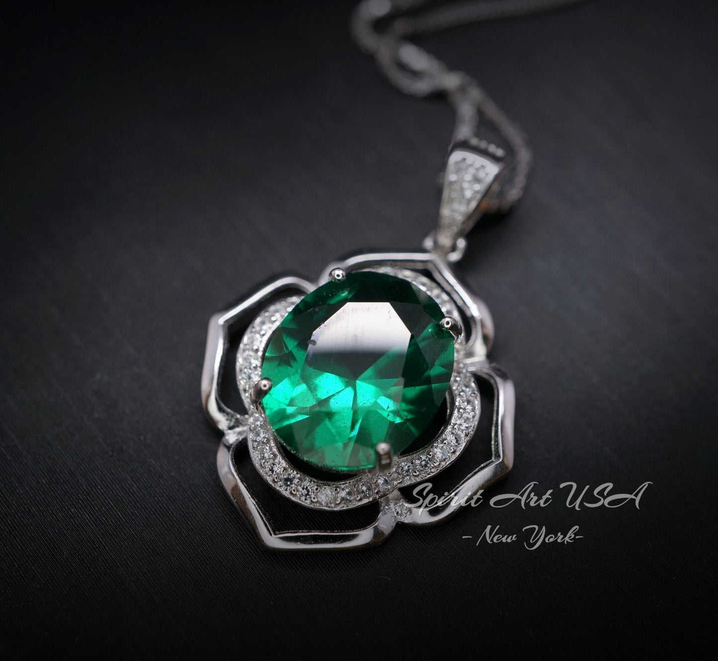 Flower of Life Emerald Necklace Large - Sterling Silver 4 CT Green May Birthstone - Emerald Pendant White Gold Coated #632