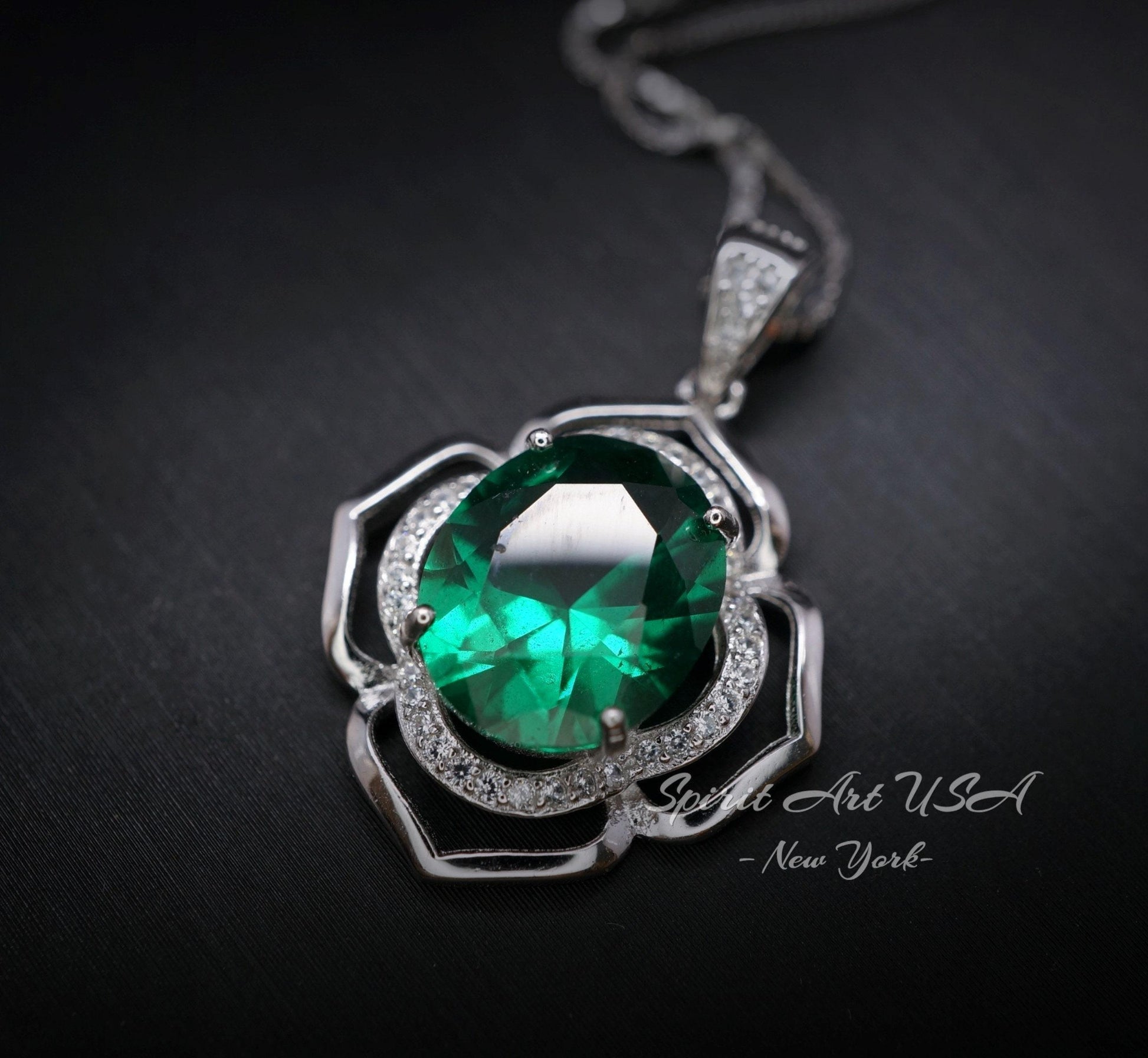 Flower of Life Emerald Necklace Large - Sterling Silver 4 CT Green May Birthstone - Emerald Pendant White Gold Coated #632