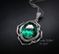 Flower of Life Emerald Necklace Large - Sterling Silver 4 CT Green May Birthstone - Emerald Pendant White Gold Coated #632