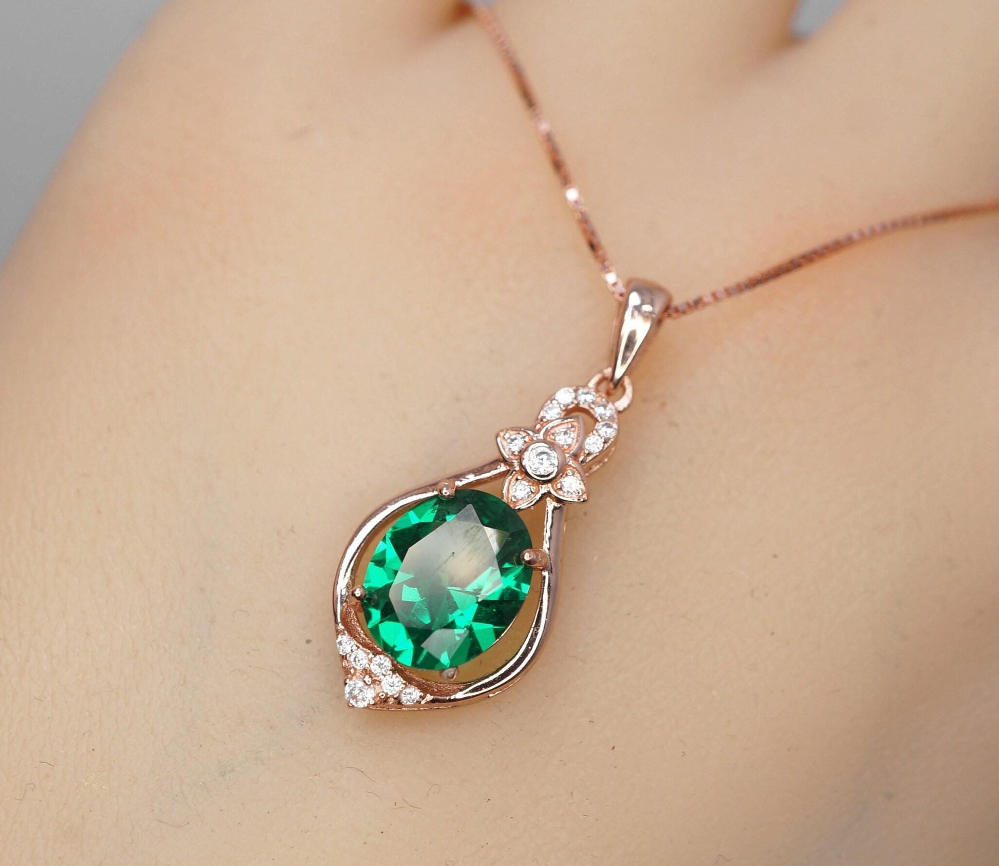 Green Emerald Necklace Rose Gold coated 925 Sterling Silver Oval May Birthstone Life of Flower Pendant #946
