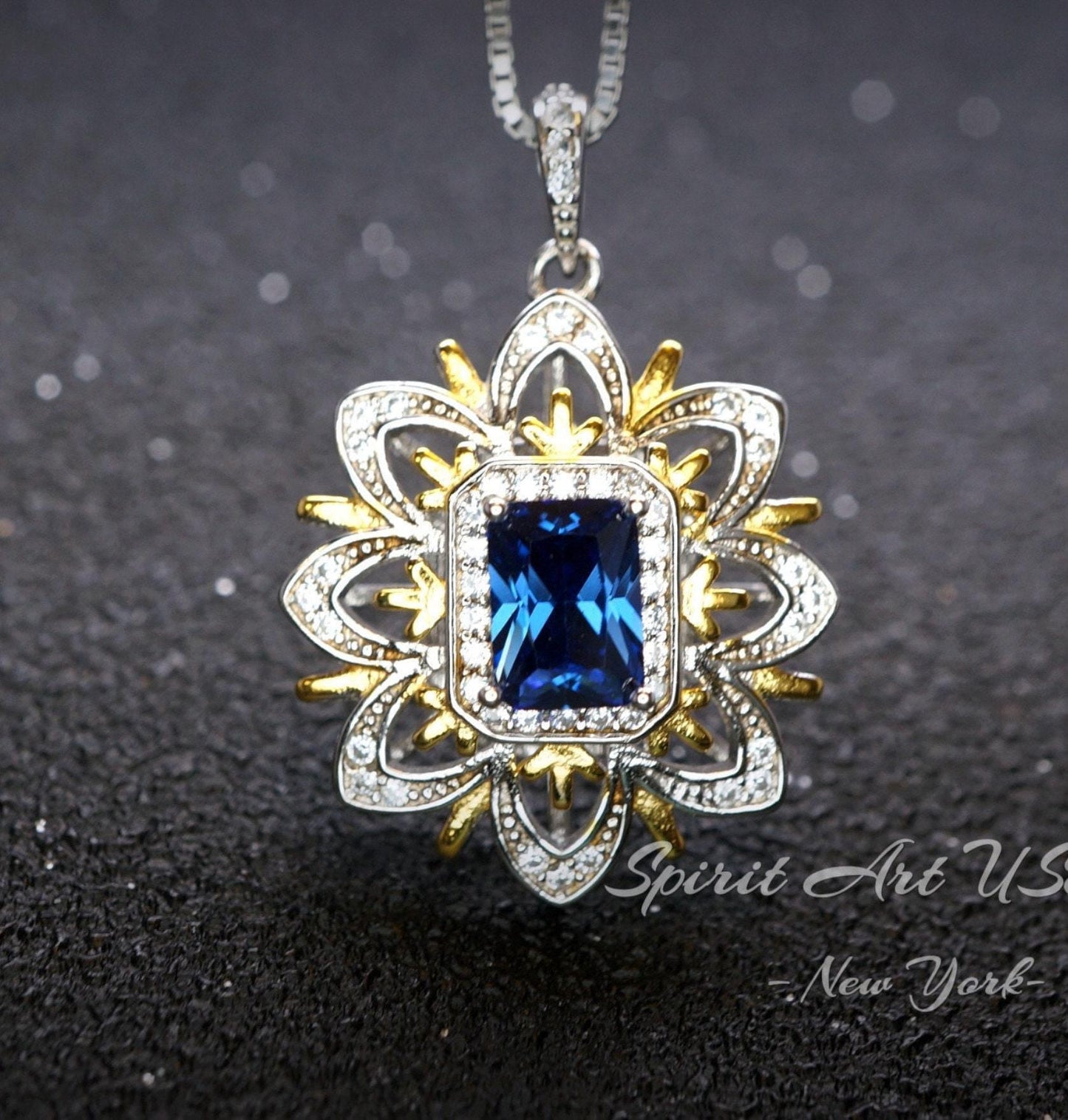 Spirit Flower Blue Sapphire Necklace - Sterling Silver - Rectangle Sapphire Pendant - September Birthstone Goddess Athena Necklace #673