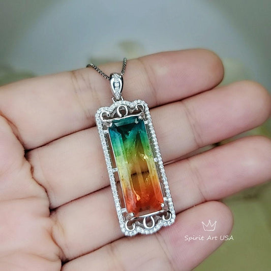 Multi-Color Rainbow Tourmaline Necklace - Sterling Silver Long Diamond Rectangle Watermelon Rainbow Tourmaline Pendant Jewelry Sterling 1078