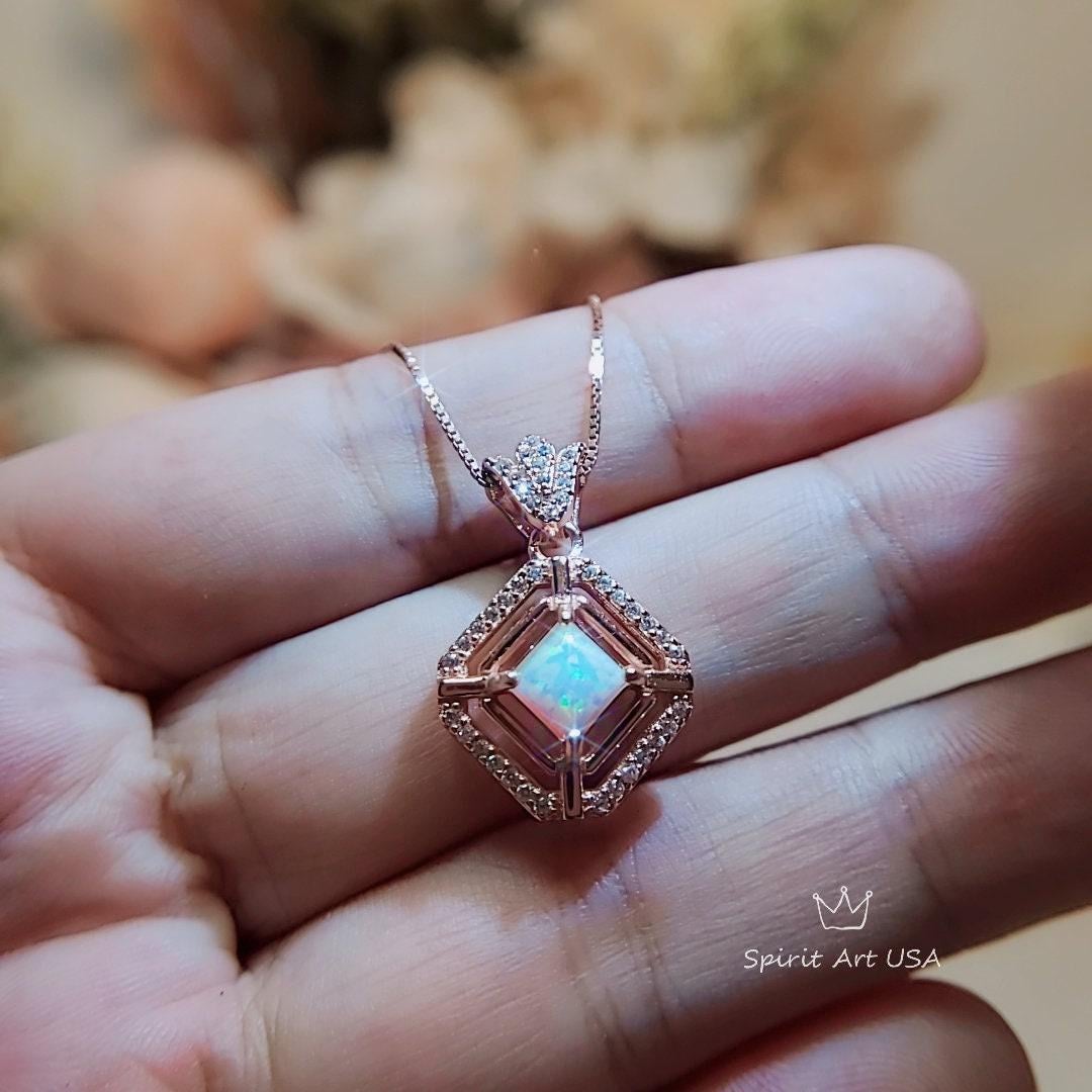 Dainy Square Opal Necklace Diamond Royal Flower Rose Gold Sterling Silver Tiny Fire White Opal Pendant 1022