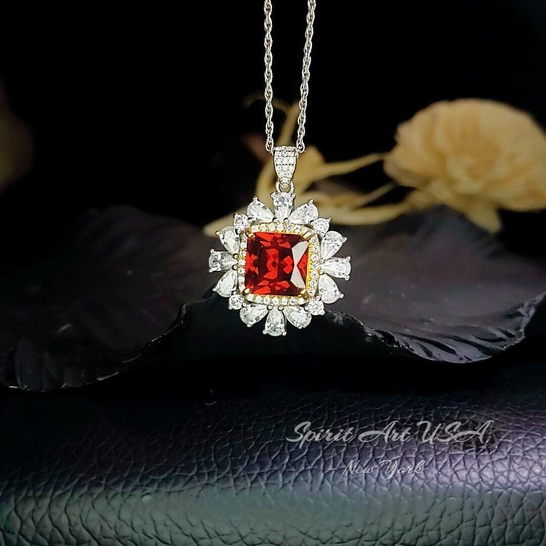 Large Square Garnet Necklace Halo Gold Square 7 CT 10 MM Deep Red Gemstone Pendant Sterling Silver White Gold plated #813