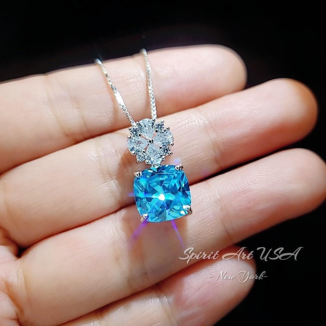 Four leaf clover Blue Topaz Necklace - Cushion Cut 5 CT - Swiss Blue Topaz Pendant - Gemstone Flower Bail - 18KGP @ Sterling Silver #1042
