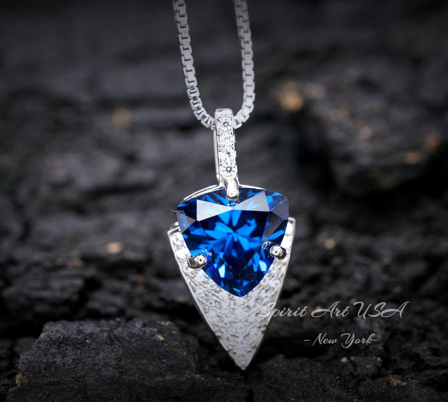 Large Trillion Cut Blue Sapphire Necklace - 18KGP Sterling Silver - Protective Queen's Guard Sword - Sapphire Pendant #768