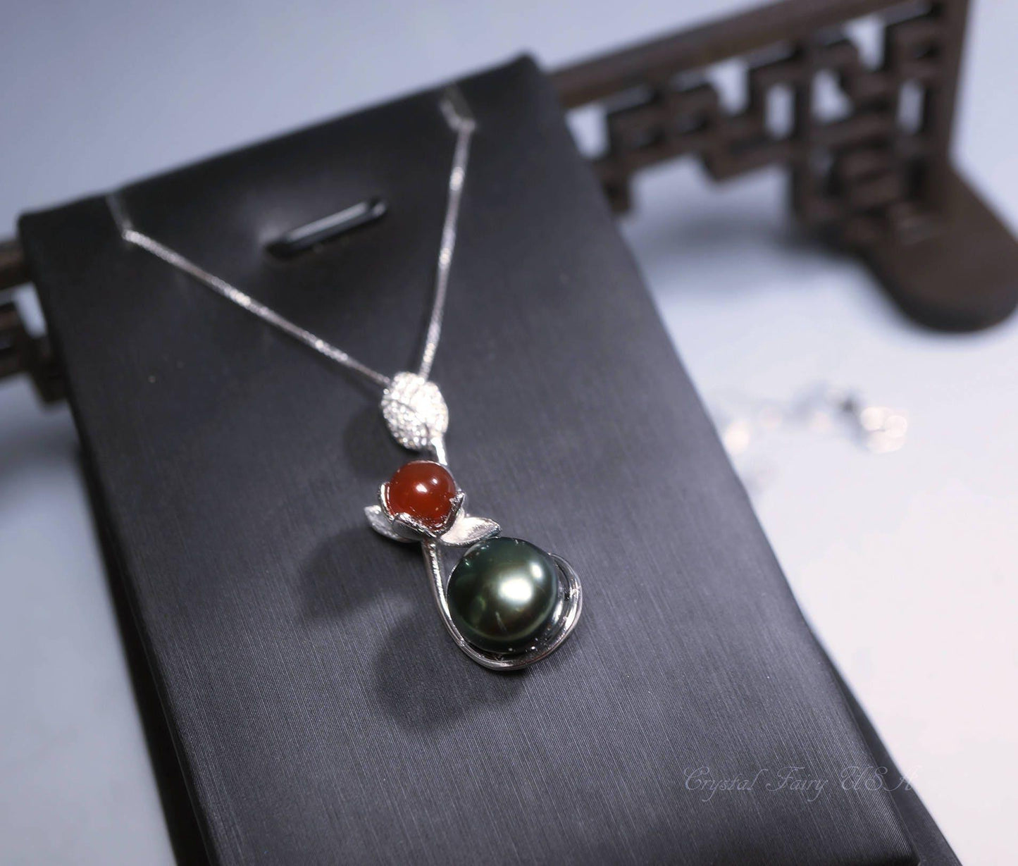 Genuine Black Pearl Necklace, Full Sterling Silver Lotus Flower Tiny Red Carnelian Nekclace Decorated CZ Stone Single Natural Pearl 1065