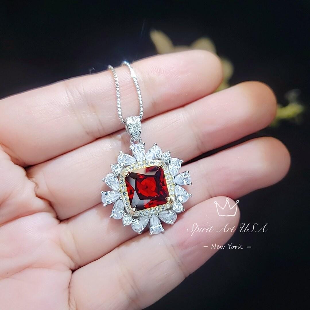 Large Square Garnet Necklace Halo Gold Square 7 CT 10 MM Deep Red Gemstone Pendant Sterling Silver White Gold plated #813