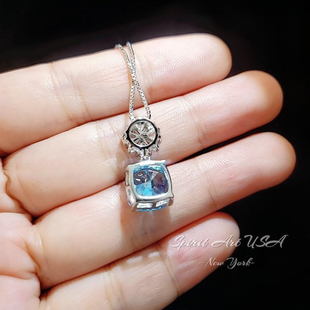 Four leaf clover Blue Topaz Necklace - Cushion Cut 5 CT - Swiss Blue Topaz Pendant - Gemstone Flower Bail - 18KGP @ Sterling Silver #1042