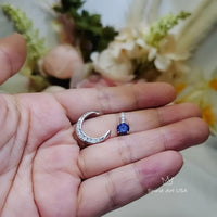 Blue Sapphire Necklace Gemstone Moon Pendant Sterling Silver Crescent - White Gold Plated Two Separated Pendant September Birthstone #231