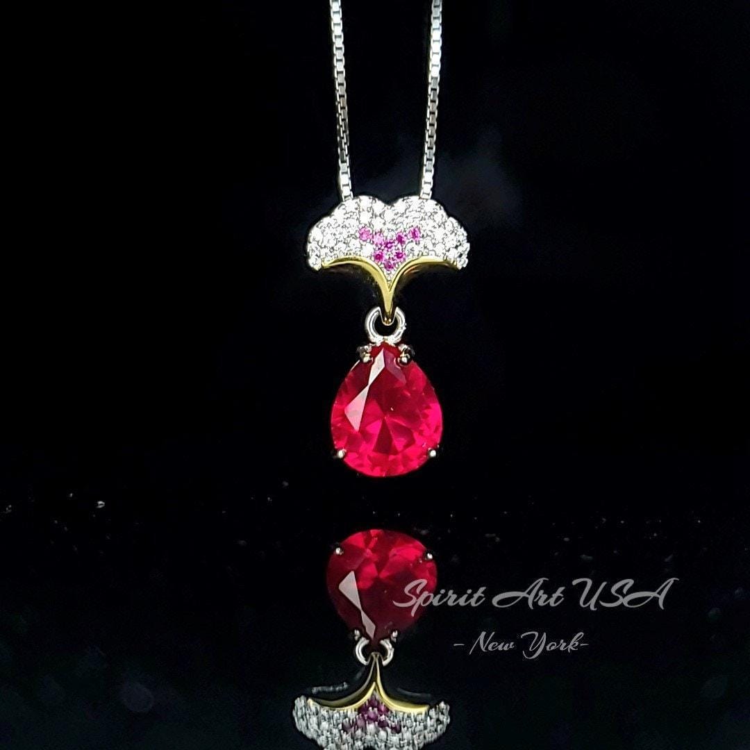 Ruby Necklace - Ginkgo biloba Pendant - 18kgp @ Sterling Silver - Large Teardrop Pear 3.5 CT Red Ruby - Gemstone Leaf Jewelry #867