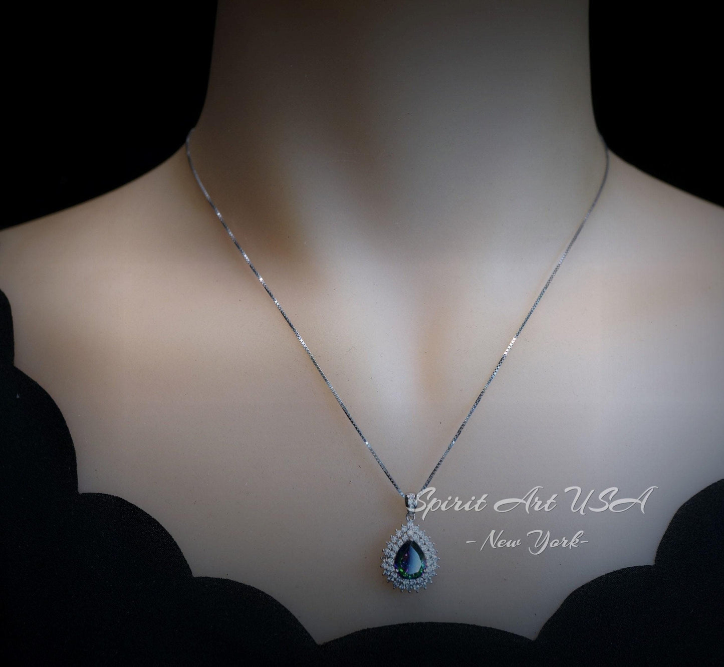 Double Halo Mystic Topaz Necklace - 18KGP Sterling Silver - 3 CT eardrop Rainbow Mystic Topaz Pendant - Gemstone Pear Layered #490