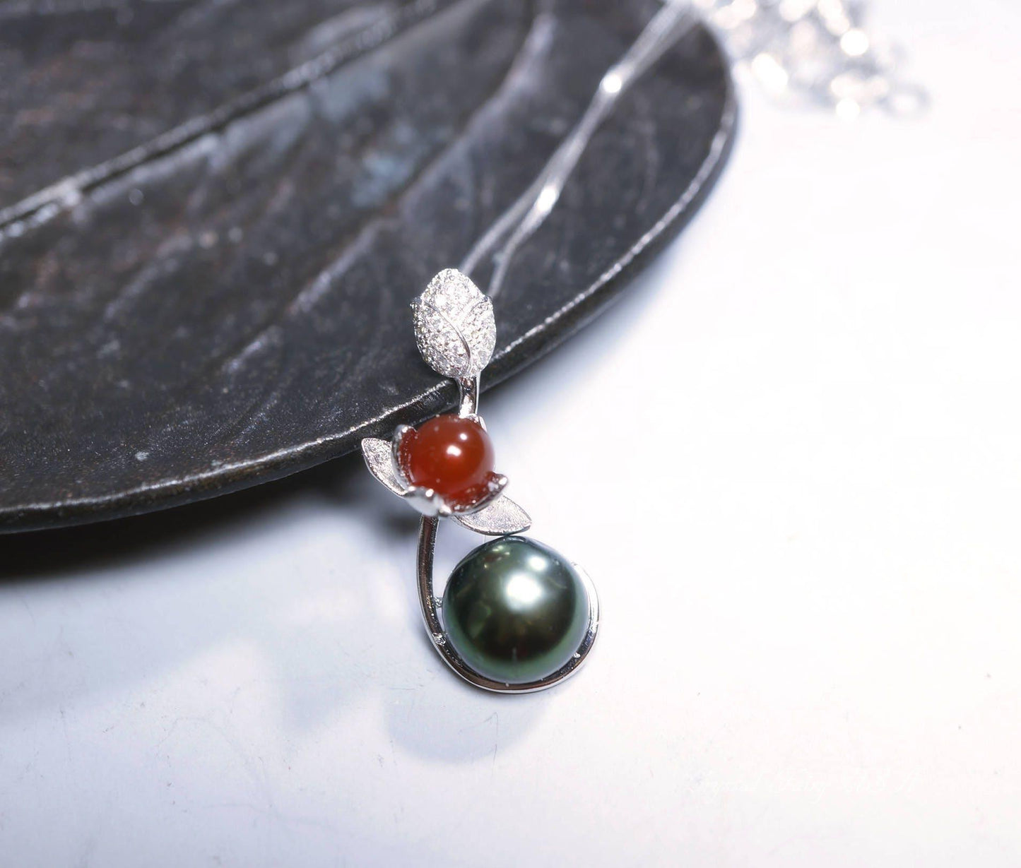 Genuine Black Pearl Necklace, Full Sterling Silver Lotus Flower Tiny Red Carnelian Nekclace Decorated CZ Stone Single Natural Pearl 1065