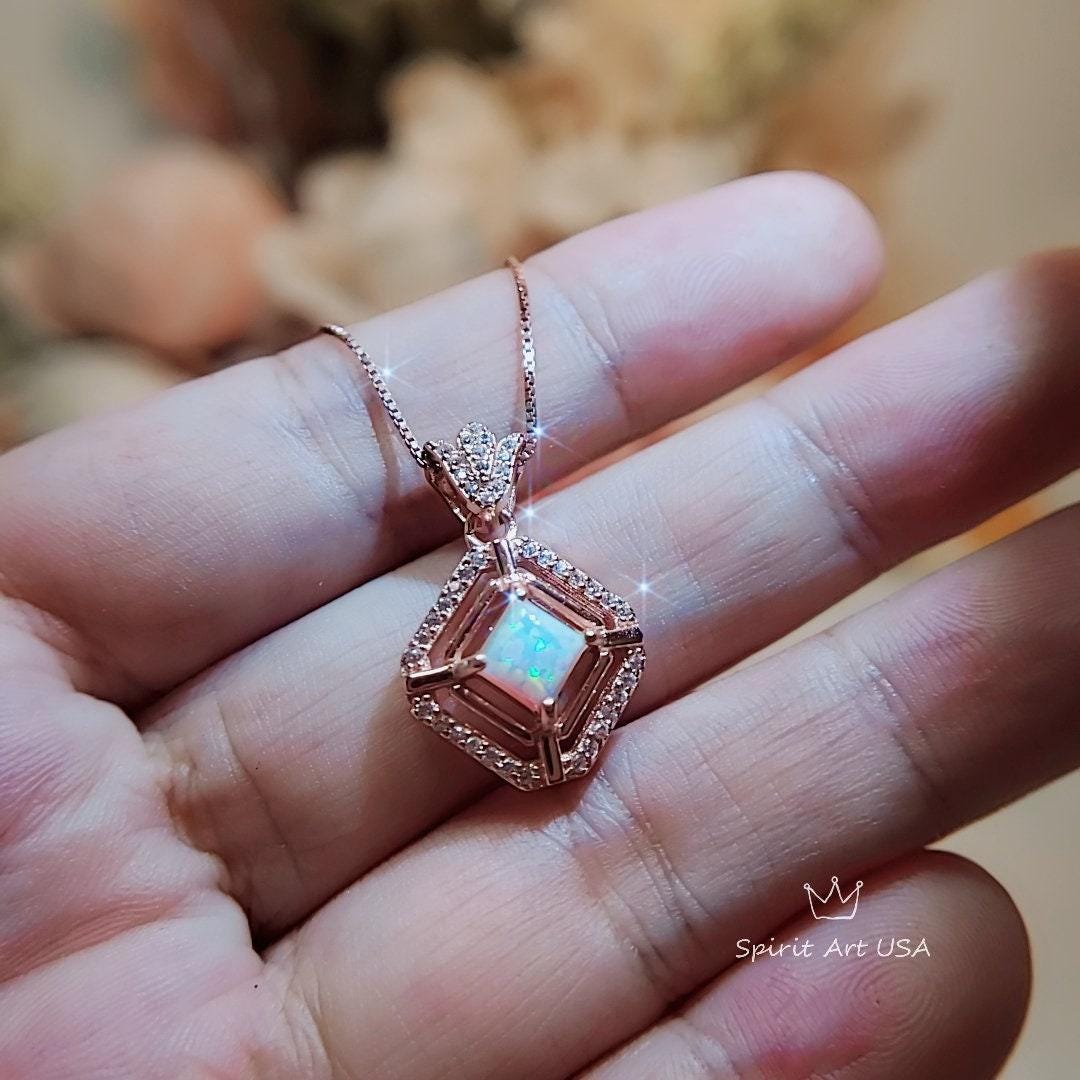 Dainy Square Opal Necklace Diamond Royal Flower Rose Gold Sterling Silver Tiny Fire White Opal Pendant 1022