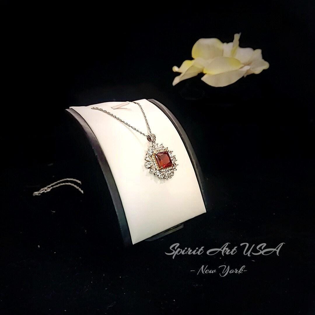 Large Square Garnet Necklace Halo Gold Square 7 CT 10 MM Deep Red Gemstone Pendant Sterling Silver White Gold plated #813