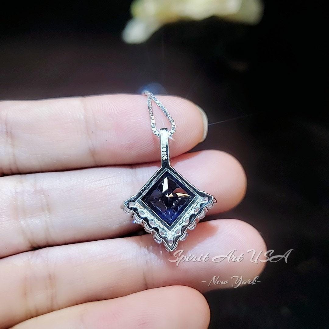Large Gemstone Style Blue Tanzanite Necklace - 6.5 CT Square Princess Cut - Energic Lab Created Blue Tanzanite Pendant #769