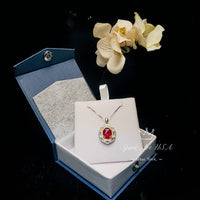 Ruby Flower Necklace - Sterling Silver 3 ct Oval Diamond Red Gemstone Pendant 14k White Gold Plated July Birthstone Gold Surround Style #710