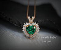 Double Halo Emerald Necklace - Rose gold coated Sterling Silver - 8 MM 2.1 Ct Solitaire Green Heart Emerald Pendant Jewelry #493