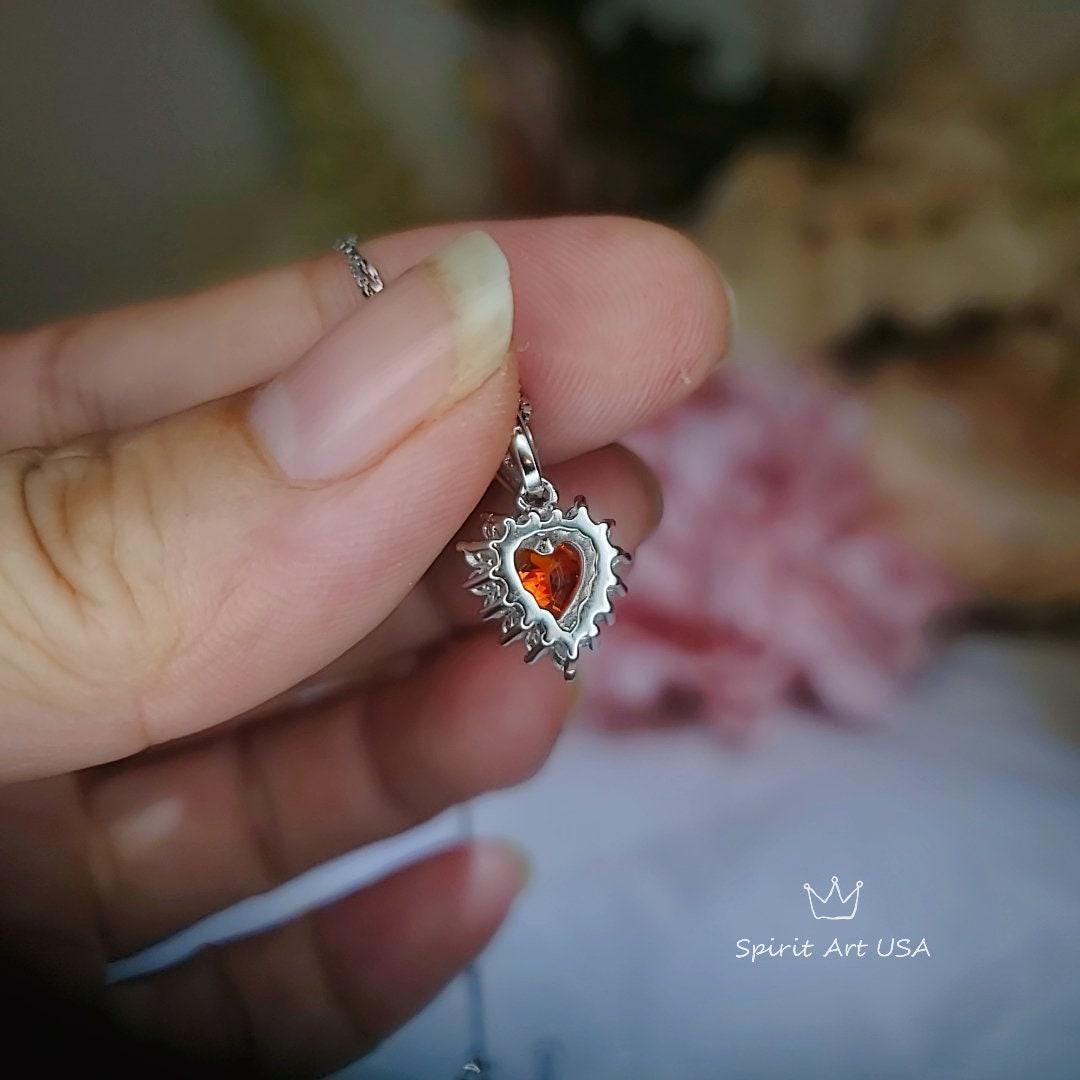 Tiny Sunstone Heart Necklace - Sterling Silver Tangerine Sapphire Spessartite Garnet Necklace Minimalist Orange Heart Pendant 024