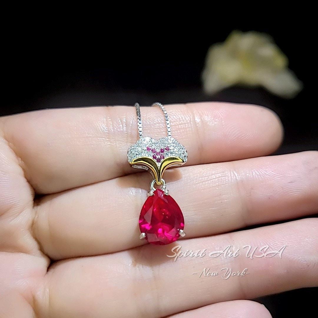 Ruby Necklace - Ginkgo biloba Pendant - 18kgp @ Sterling Silver - Large Teardrop Pear 3.5 CT Red Ruby - Gemstone Leaf Jewelry #867