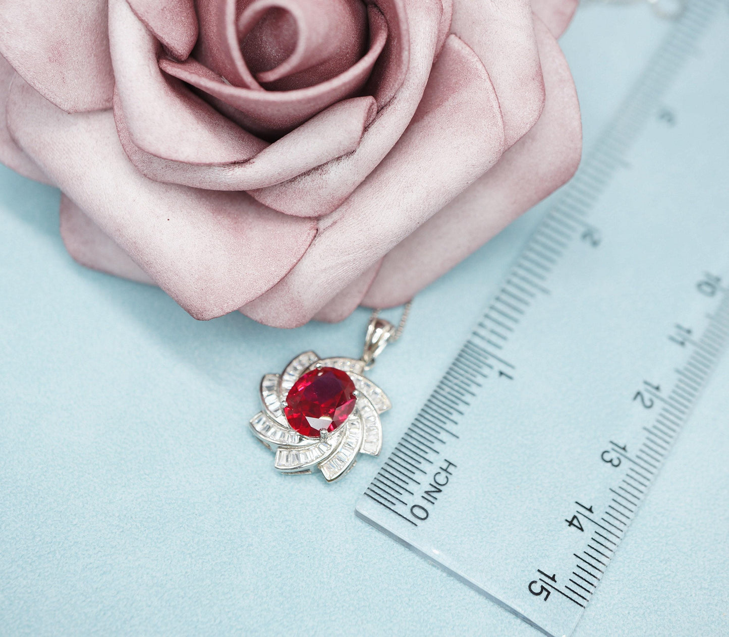Large Ruby Necklace - Diamond Milky Way Spiral Pendant - 18KGP White Gold Sterling Silver - 3 CT Galaxy Vortexes Windmill Ruby Jewelry #1001