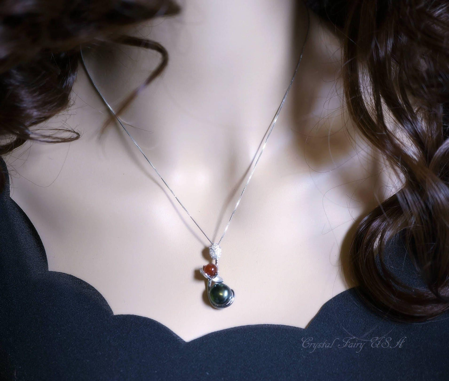 Genuine Black Pearl Necklace, Full Sterling Silver Lotus Flower Tiny Red Carnelian Nekclace Decorated CZ Stone Single Natural Pearl 1065