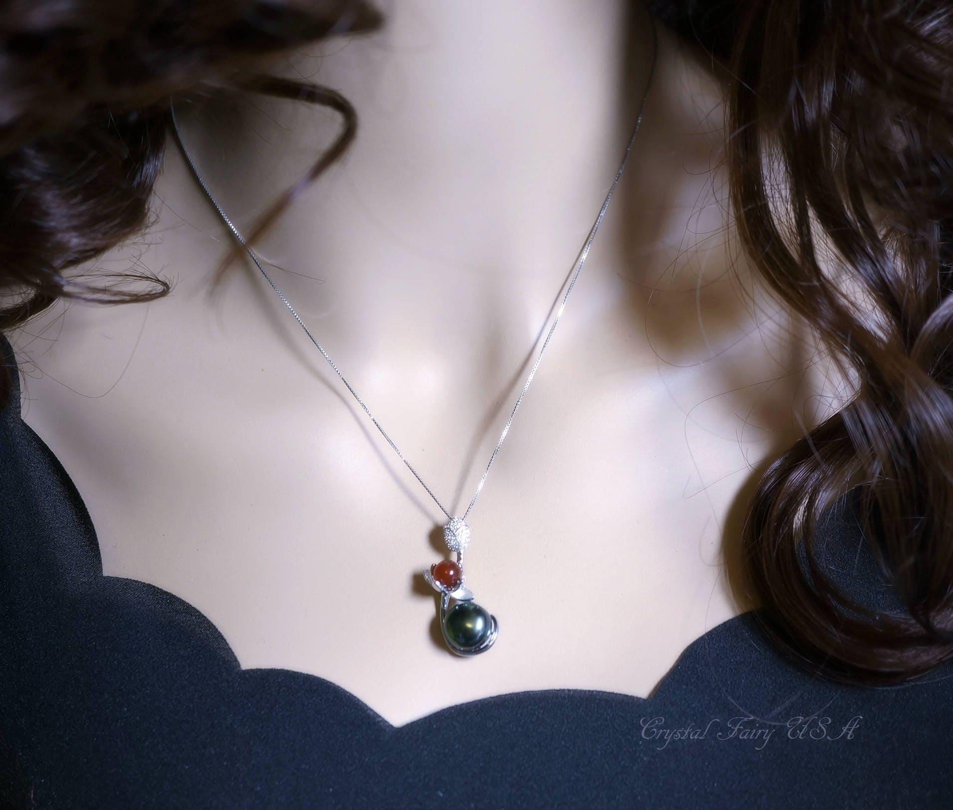 Genuine Black Pearl Necklace, Full Sterling Silver Lotus Flower Tiny Red Carnelian Nekclace Decorated CZ Stone Single Natural Pearl 1065