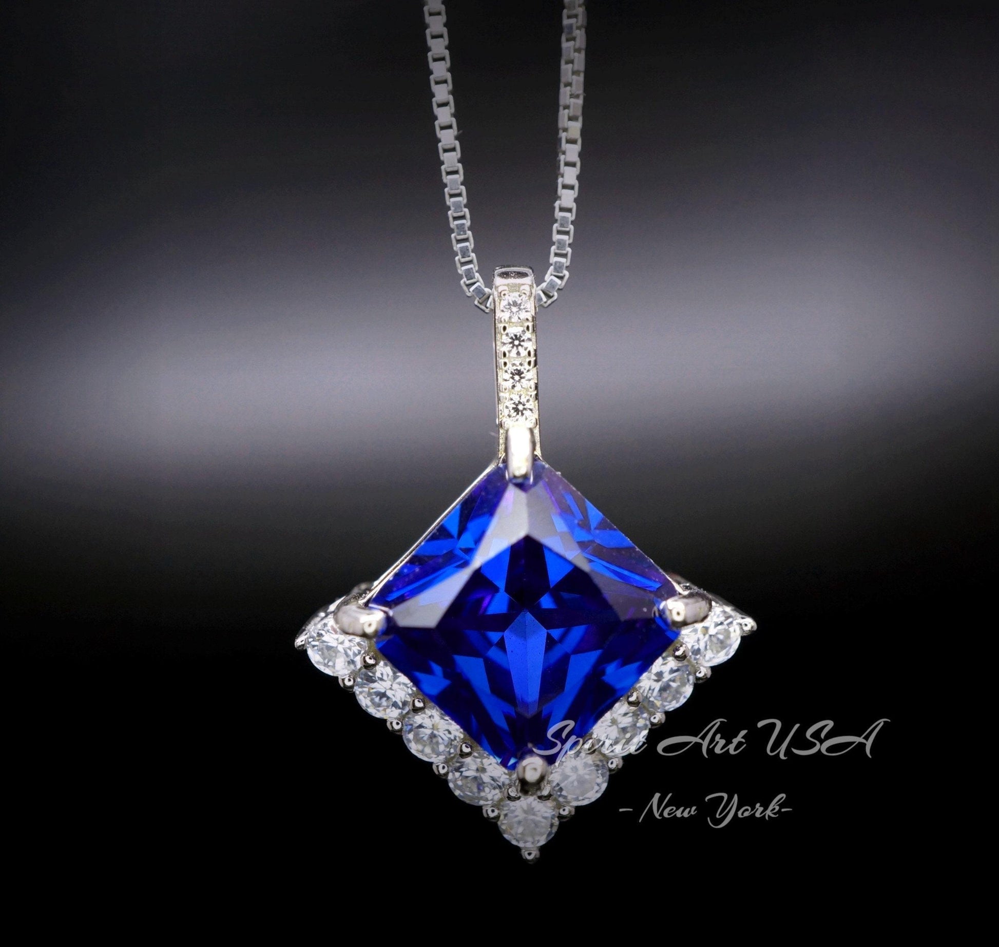 Large Gemstone Style Blue Tanzanite Necklace - 6.5 CT Square Princess Cut - Energic Lab Created Blue Tanzanite Pendant #769