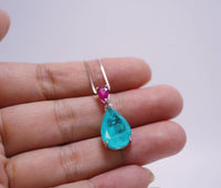 Sterling Silver Teardrop Paraiba Necklace - Dainty Red Ruby 6 CT Synthetic Lab Created Blue Paraiba Tourmaline Necklace #726