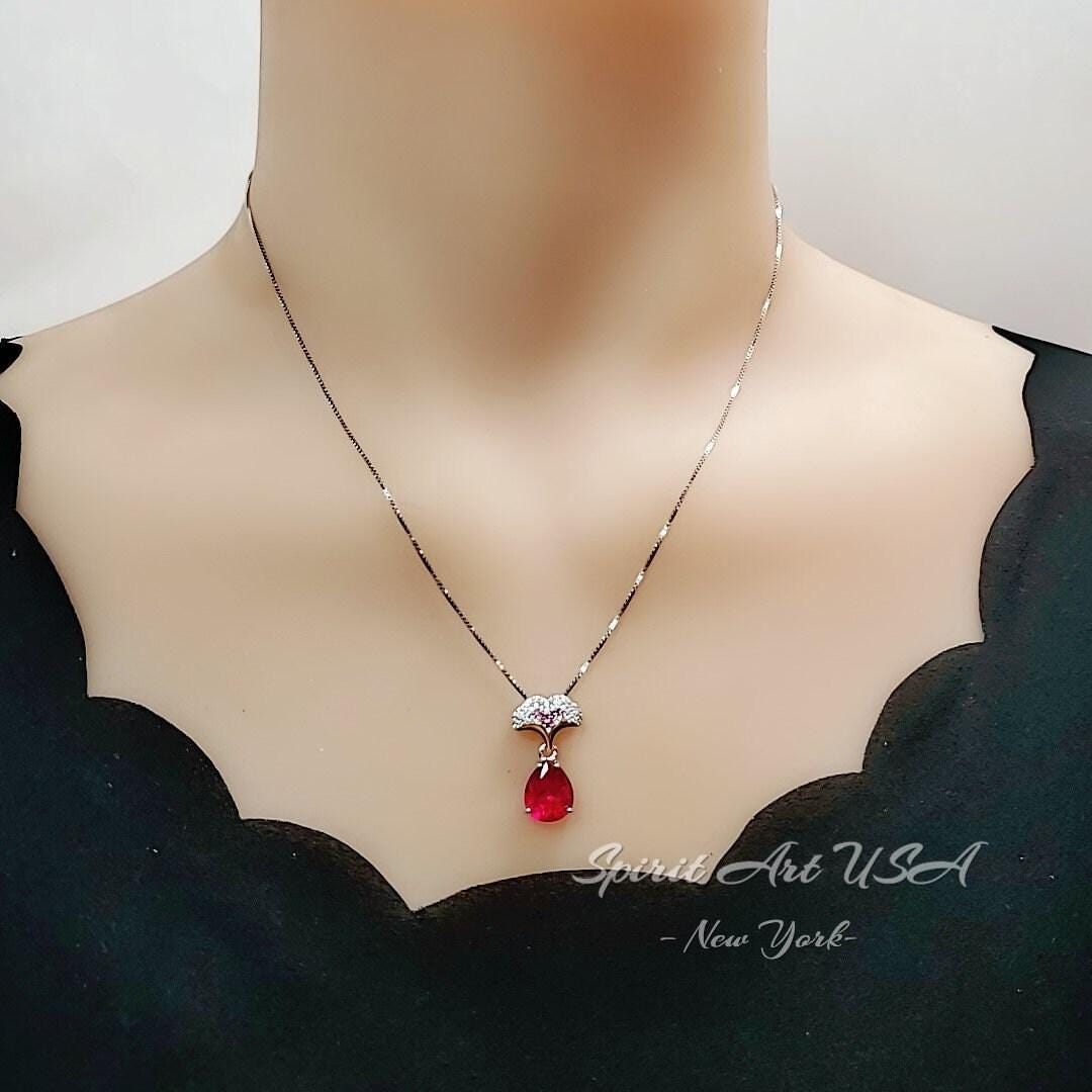 Ruby Necklace - Ginkgo biloba Pendant - 18kgp @ Sterling Silver - Large Teardrop Pear 3.5 CT Red Ruby - Gemstone Leaf Jewelry #867
