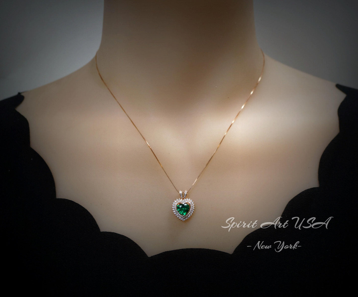 Double Halo Emerald Necklace - Rose gold coated Sterling Silver - 8 MM 2.1 Ct Solitaire Green Heart Emerald Pendant Jewelry #493