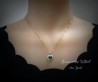 Double Halo Emerald Necklace - Rose gold coated Sterling Silver - 8 MM 2.1 Ct Solitaire Green Heart Emerald Pendant Jewelry #493