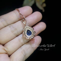 Lily Flower Blue Sapphire Necklace 18K Rose gold @ Sterling Silver 3 CT Blue Sapphire Pendant September Birthstone Layered Double Halo #790