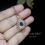 Lily Flower Blue Sapphire Necklace 18K Rose gold @ Sterling Silver 3 CT Blue Sapphire Pendant September Birthstone Layered Double Halo #790