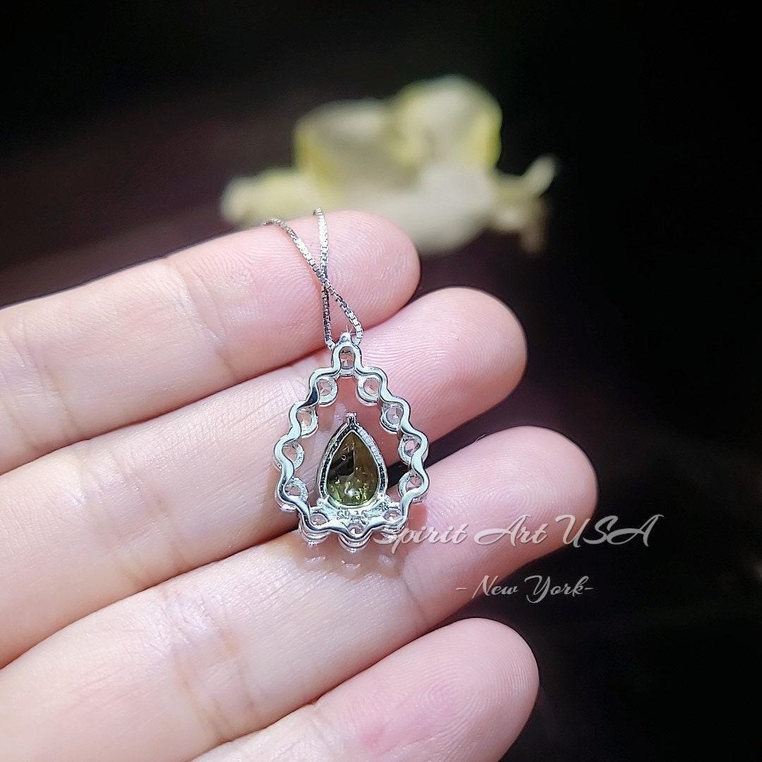 Natural Teardrop Peridot Necklace Dainty Genuine Green Peridot Pendant Gemstone Rounded Halo Green Gemstone August Birthstone Jewelry #499