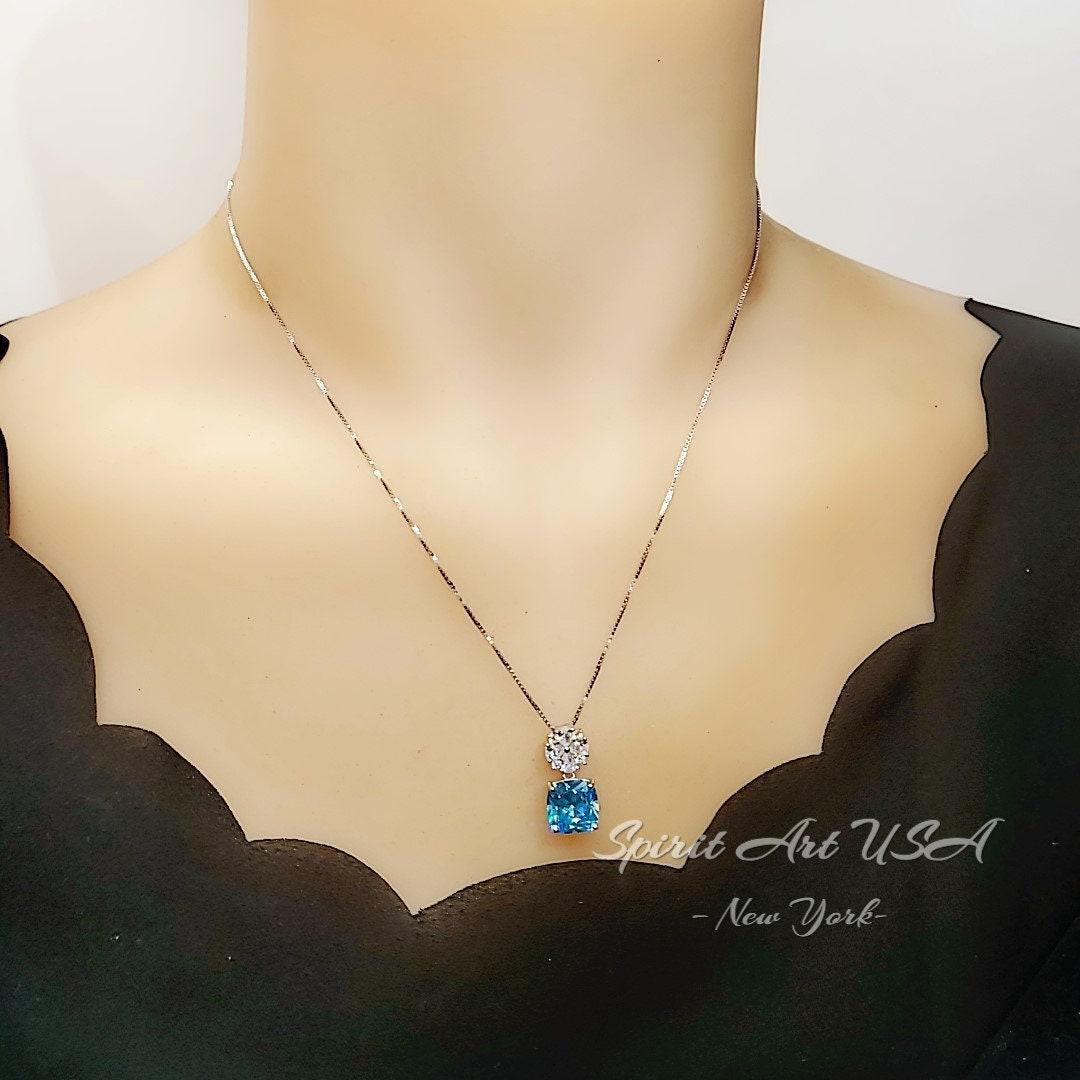 Four leaf clover Blue Topaz Necklace - Cushion Cut 5 CT - Swiss Blue Topaz Pendant - Gemstone Flower Bail - 18KGP @ Sterling Silver #1042