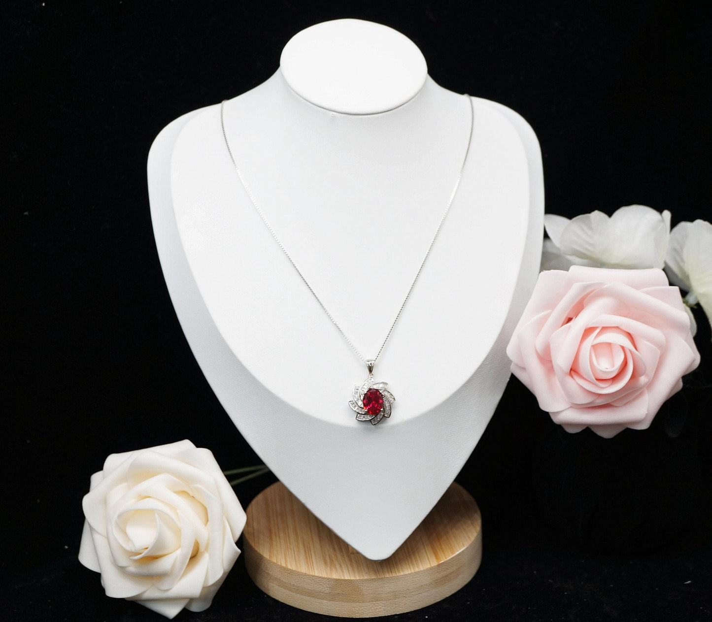 Large Ruby Necklace - Diamond Milky Way Spiral Pendant - 18KGP White Gold Sterling Silver - 3 CT Galaxy Vortexes Windmill Ruby Jewelry #1001