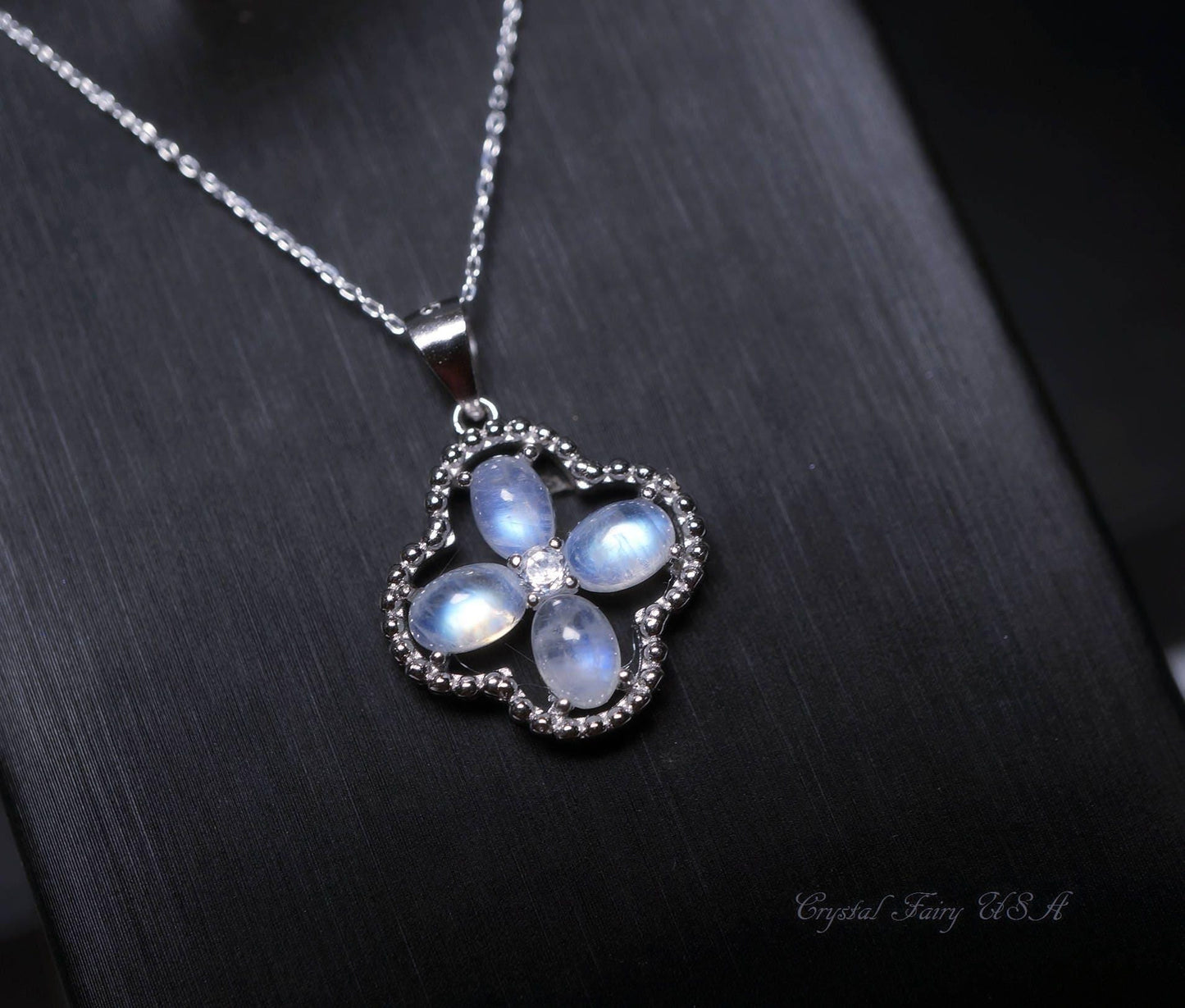 Dainty Flash Moonstone Necklace - Sterling Silver Four Leaf Clover Pendant Natural Moonstone Jewelry #423