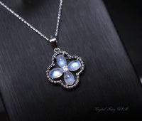 Dainty Flash Moonstone Necklace - Sterling Silver Four Leaf Clover Pendant Natural Moonstone Jewelry #423